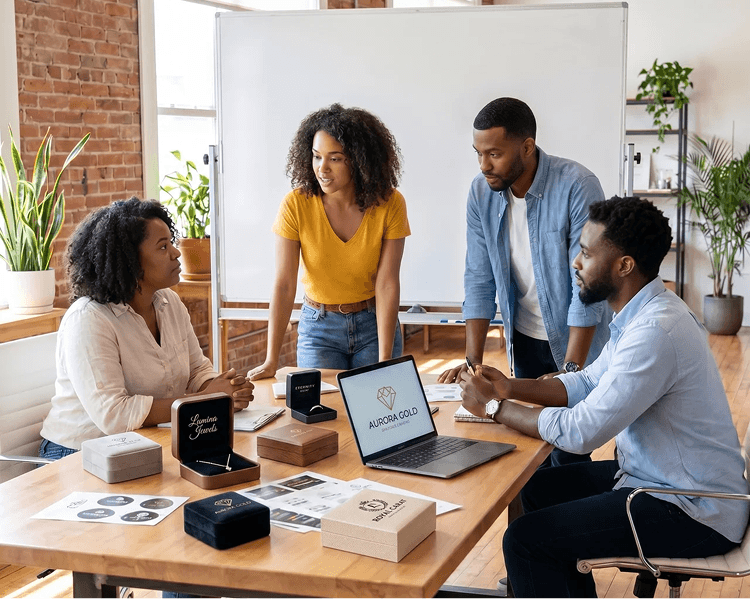 Business team discussing product and branding strategy around a meeting table
