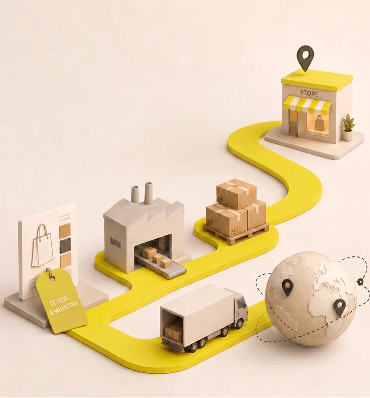 Illustration of a factory-to-delivery fulfillment network with yellow logistics pathways