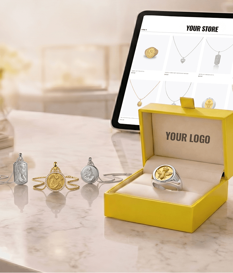 Tablet-based in-store jewelry experience displayed next to branded packaging