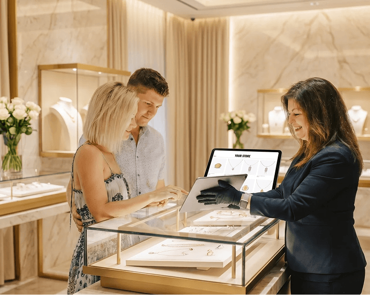 Retail team reviewing jewelry designs with a customer using a digital display