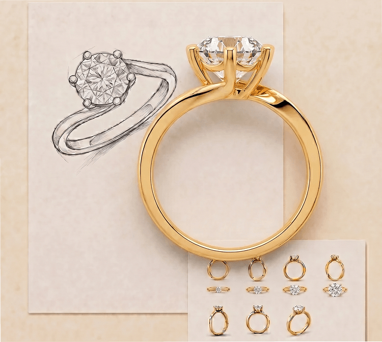Digital ring rendering shown beside finished jewelry samples and gemstones
